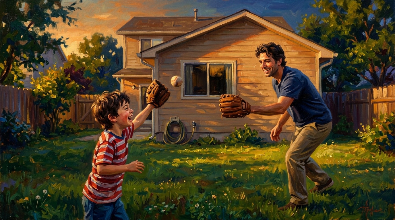 Contractor playing catch with his son in the backyard at golden hour